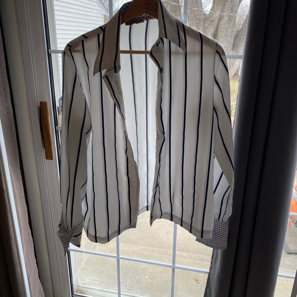 Crystal Plus blue and white stripe and polka dot button up size 14